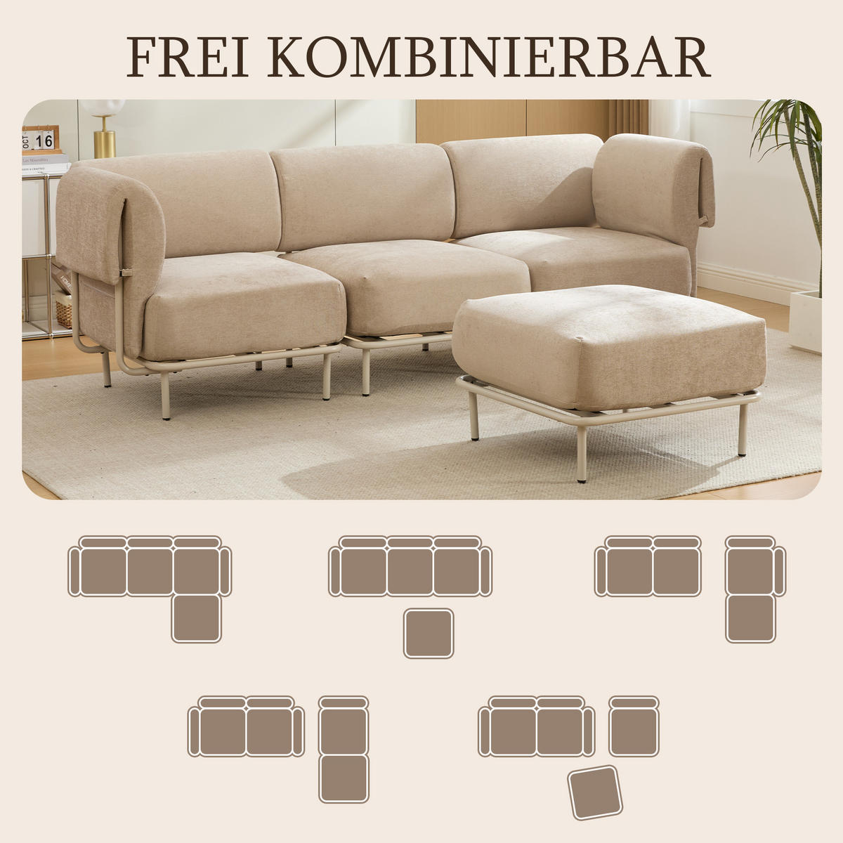 ECKSOFA 251/155/78 cm Khaki Chenille mit 1 Fußhocker - Kaschmir/Olivgrün, Textil (155/251cm) - Oxeza
