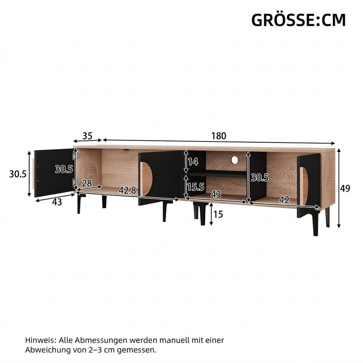 TV-SCHRANK 180/35/49 cm Schwarz mit 3 Türen für 80 Zoll - Eichefarben, Holzwerkstoff (180/49/35cm) - Oxeza