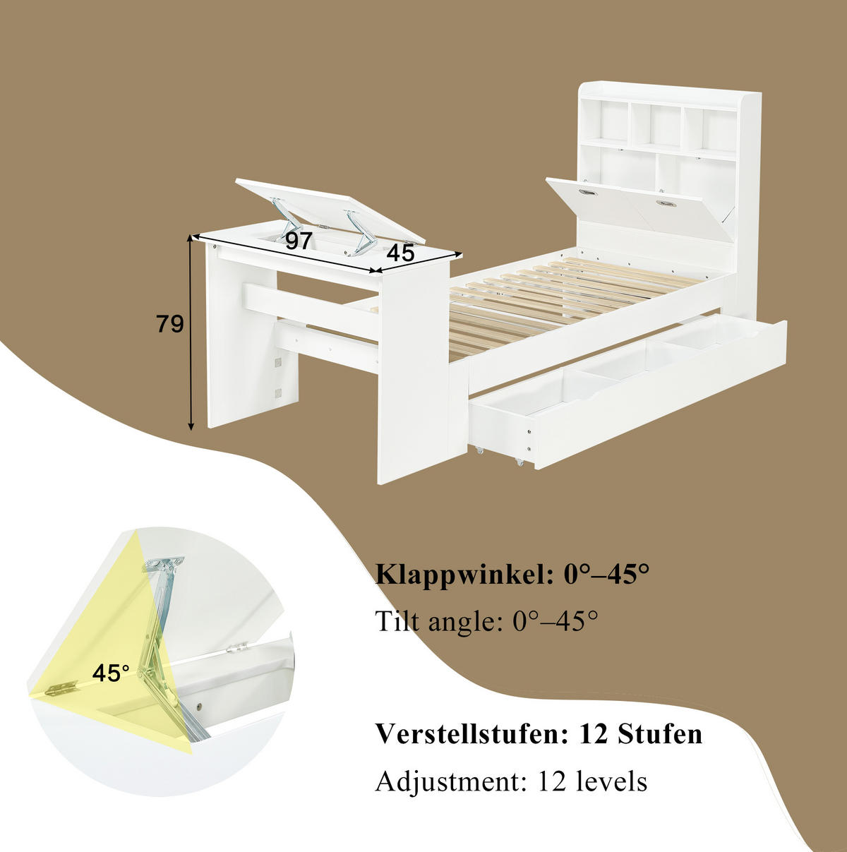 STAURAUMBETT 90/200 cm Weiß mit Klapptisch ohne Matratze - Weiß, Holz (90/200cm) - MIVRAY