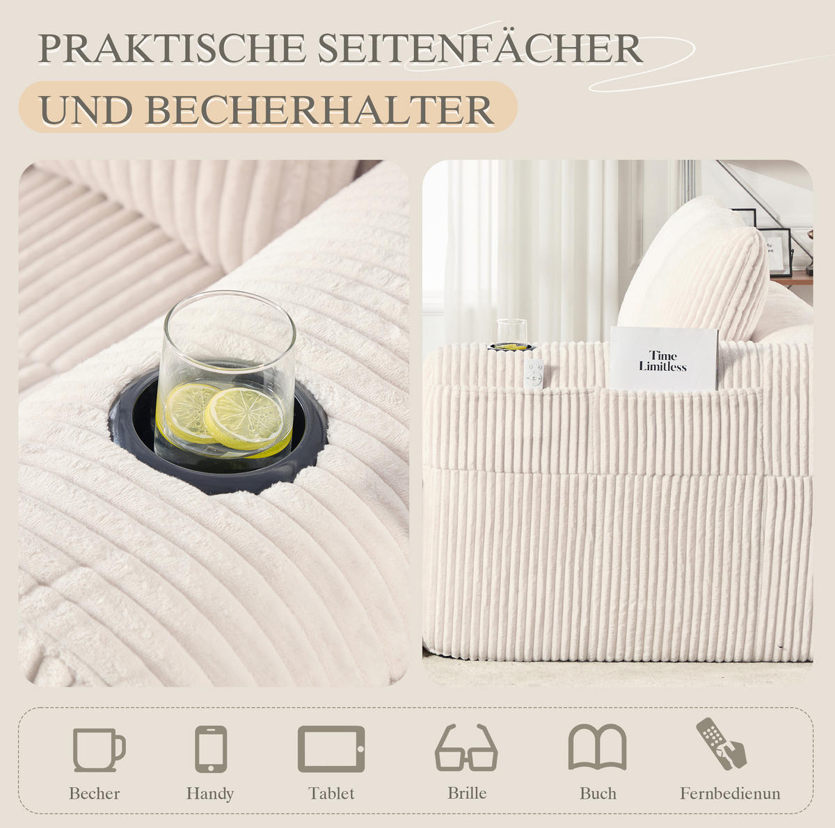 SOFA 2-Sitzer kompakt 158 x 93 x 61 cm Cord Beige - Beige, Kunststoff (158/61/93cm) - Meubliv