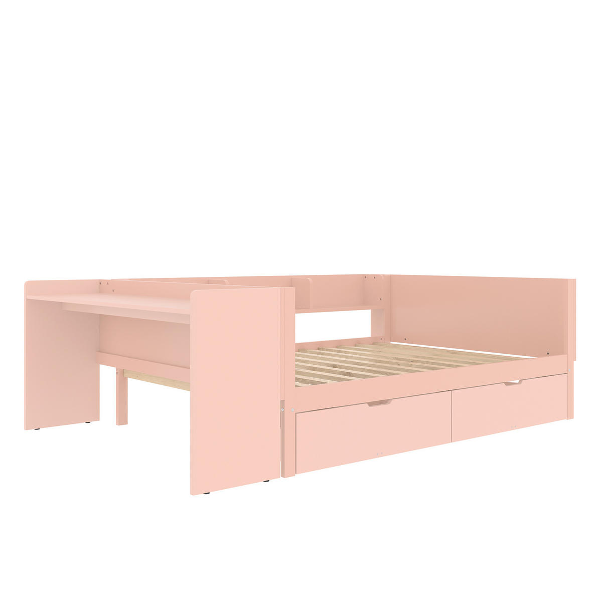 KINDERBETT aus Kiefer und Spanplatte 140x200 cm Weiß/Rosa mit Schreibtisch, 2 Schubladen und 3 Regalen - Rosa, Holzwerkstoff (140/200cm) - Modfu