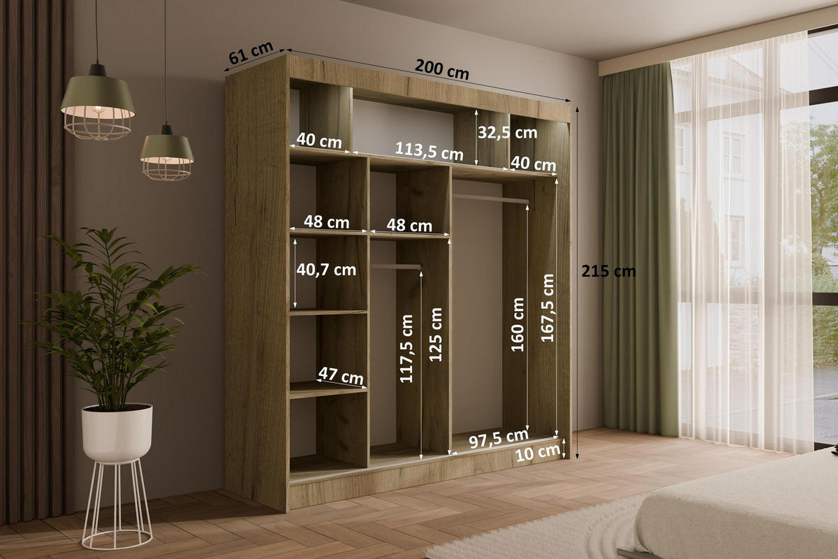 KLEIDERSCHRANK PAOKI mit LED - 200 cm - Braun - Braun, Holzwerkstoff (200/215/61cm) - ALTDECOR