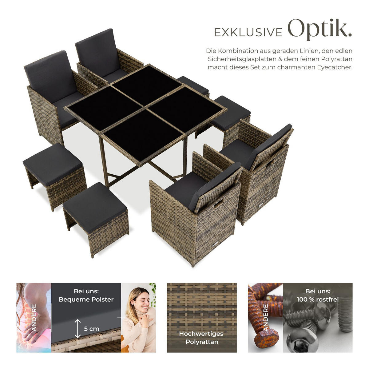 RATTAN-SITZGRUPPE Bilbao 4+4+1 inkl. Schutzhülle,Natur, 4 Sessel 53x53x87 cm, Tisch 110x110x73 cm,Abnehmbare Bezüge,Wasserabweisend - Naturfarben, Kunststoff - tectake