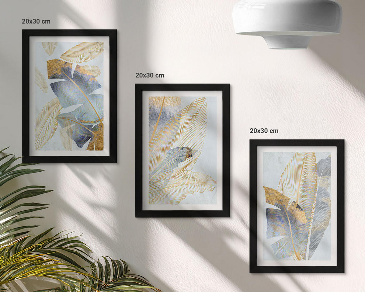 WANDBILDER 3er-Set - 20x30 cm Schwarzer Rahmen - Hellblau-beige Blätter - Schwarz, Kunststoff (20/30cm) - ArtPrintCave