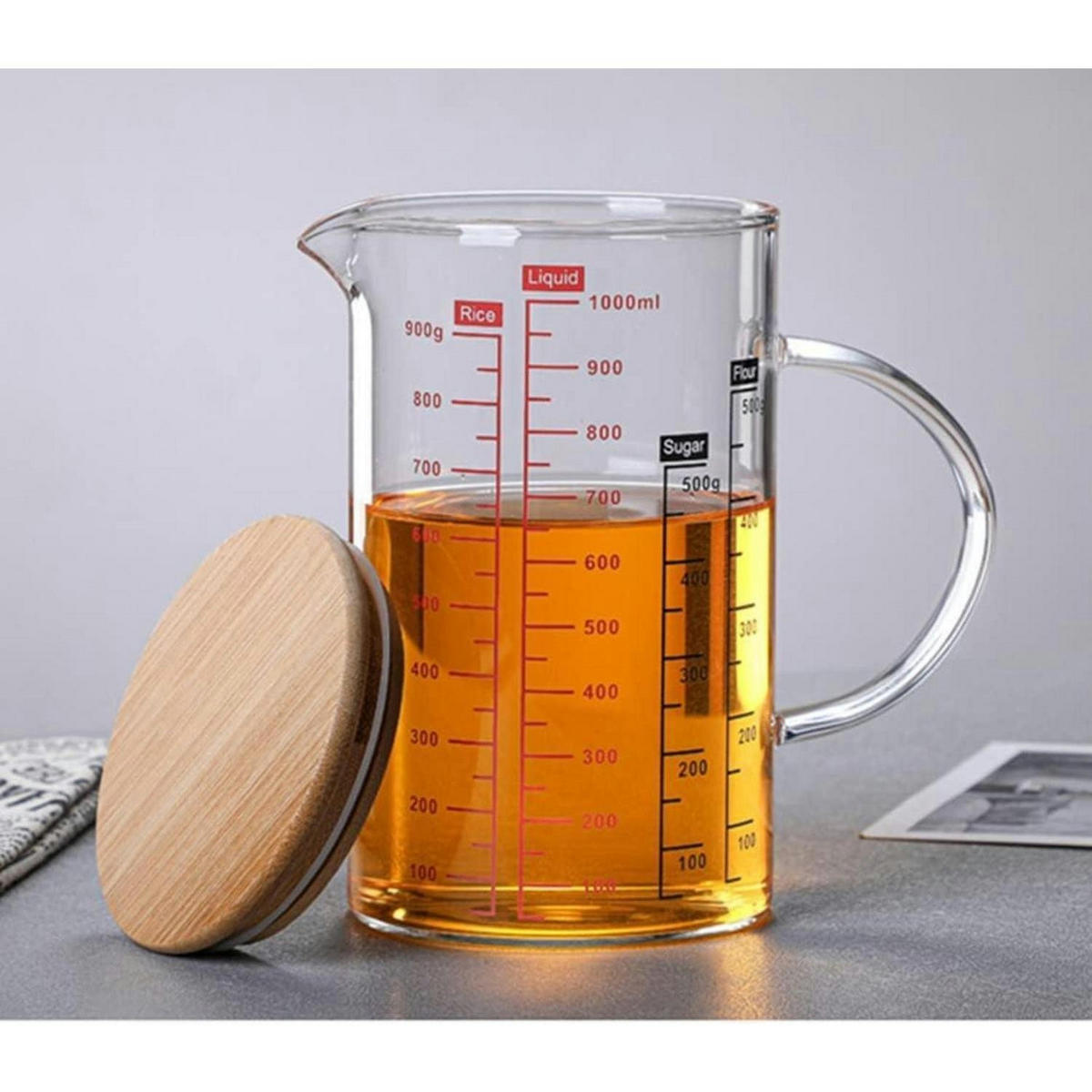 MESSBECHER Glas 1000 ml mit Bambusdeckel - Transparent, Glas (1L)
