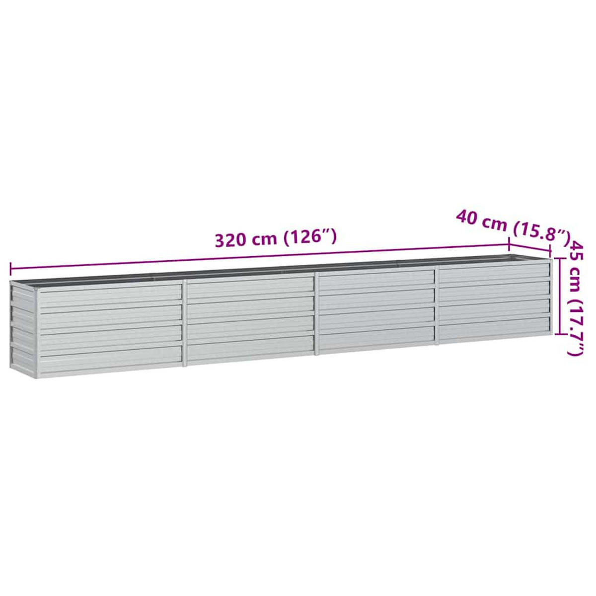 HOCHBEET 320/40/45 cm, aus Verzinkter Stahl, Silber - Silberfarben, Metall (40/45/320cm) - vidaXL