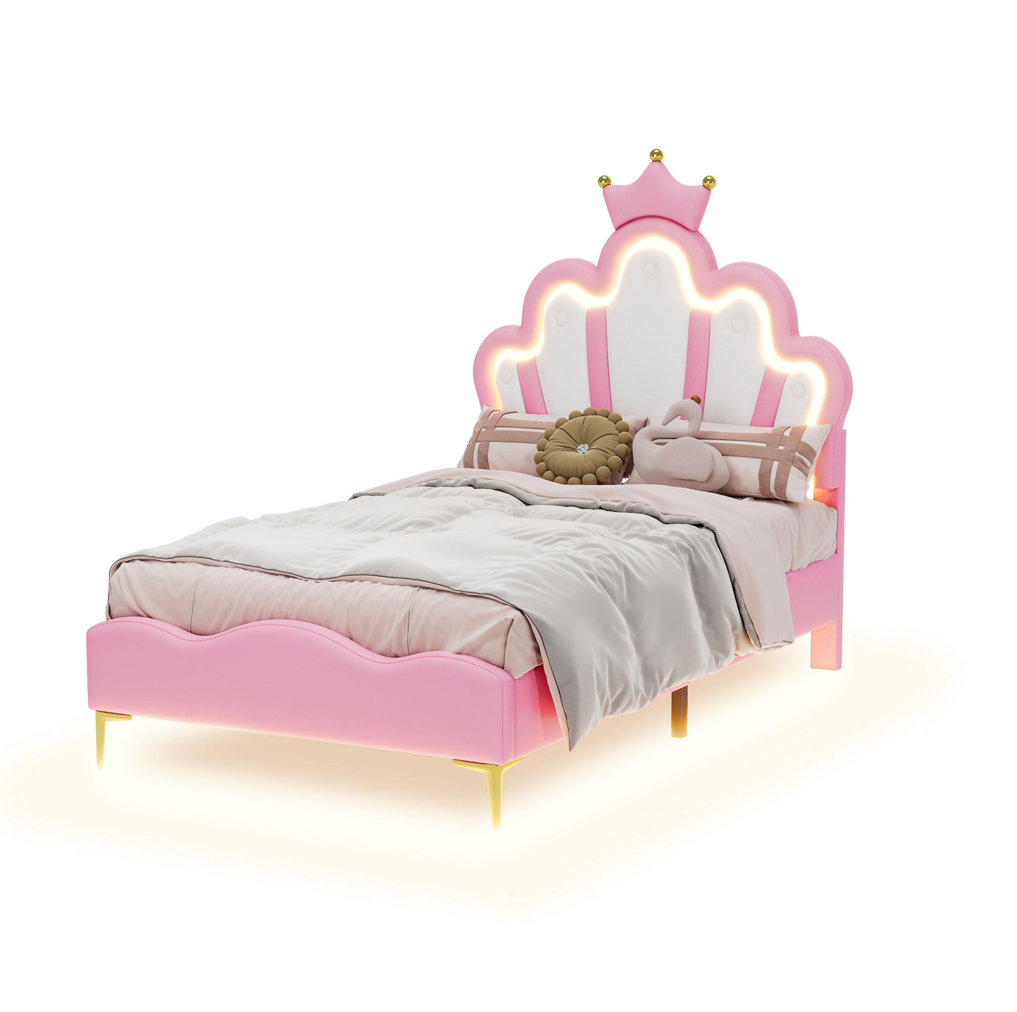 KINDERBETT 90/200 cm in Rosa mit LED-Beleuchtung und gepolstertem Kopfteil - Rosa, Kunststoff (90/200cm) - BEAOK
