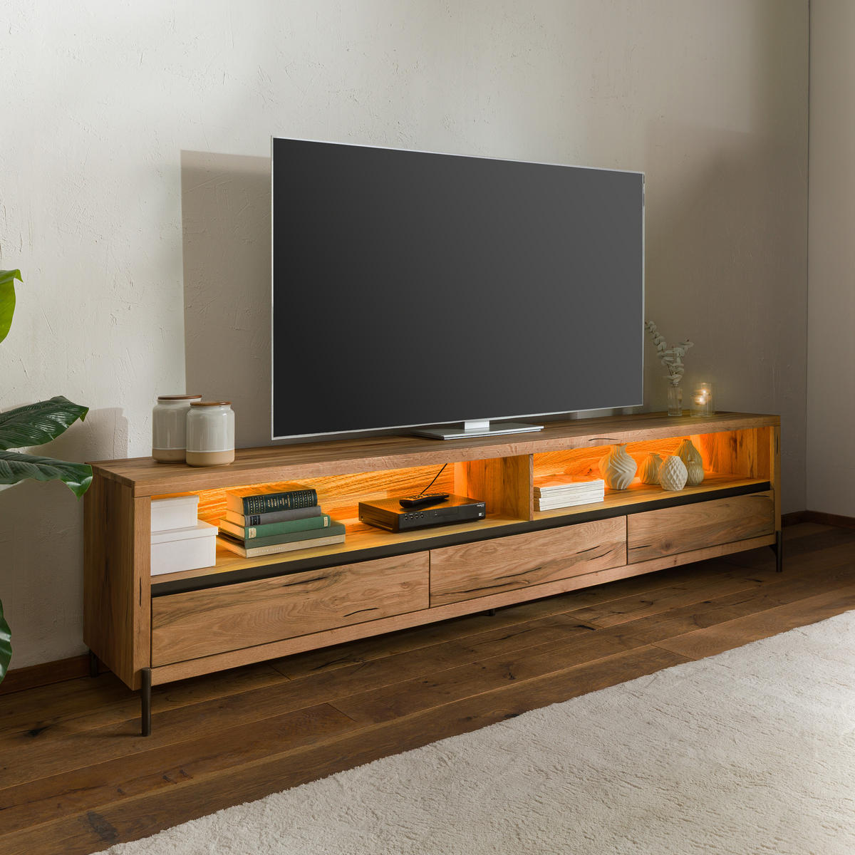TV-BOARD Wild-/Zerreiche 242x47x60 natur geölt MONTREUX LUX #112 - Naturfarben, Holz (242/60/47cm) - Massivmoebel24