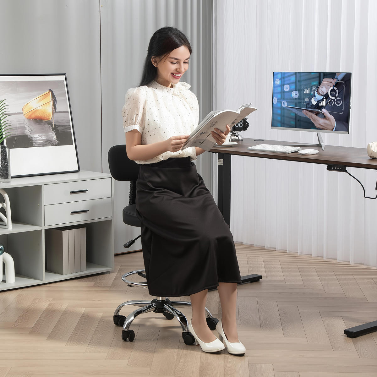 BÜROSTUHL Ergonomischer Zeichenstuhl, Höhenverstellbar Computerstuhl mit Fußring - Schwarz, Kunststoff (52/92/52cm) - HOMCOM