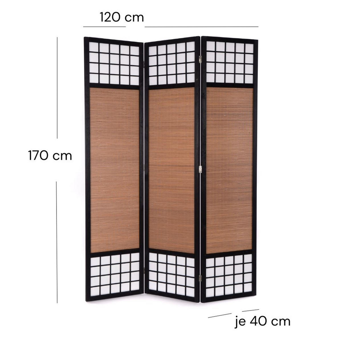 RAUMTEILER Osaka 3-tlg. Bambus, Reispapier - Schwarz, Holz (120/170/2cm) - CREEDWOOD