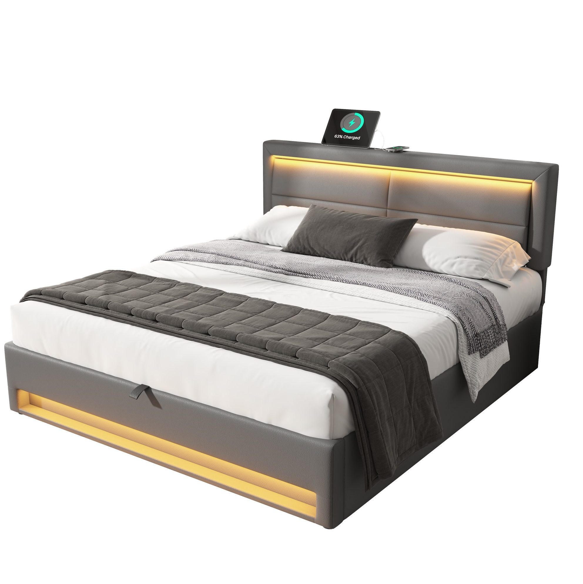 POLSTERBETT 160/200 cm Grau mit USB-Anschluss und LED-Beleuchtung - Grau, Kunststoff (160/200cm) - OKWISH
