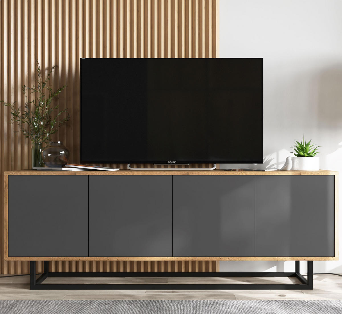 TV-SCHRANK Apollo2 Eiche wotan Graphit Matt 150/53/35 cm - Graphitfarben/Schwarz, Holzwerkstoff/Metall (150/53/35cm) - Meble Lindner