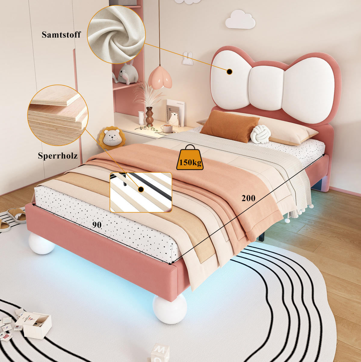 KINDERBETT 90/200 cm aus Samt mit LED-Lichtleiste und flügelförmigem Kopfteil Rosa-Beige - Rosa, Textil (90/200cm) - Modenvie