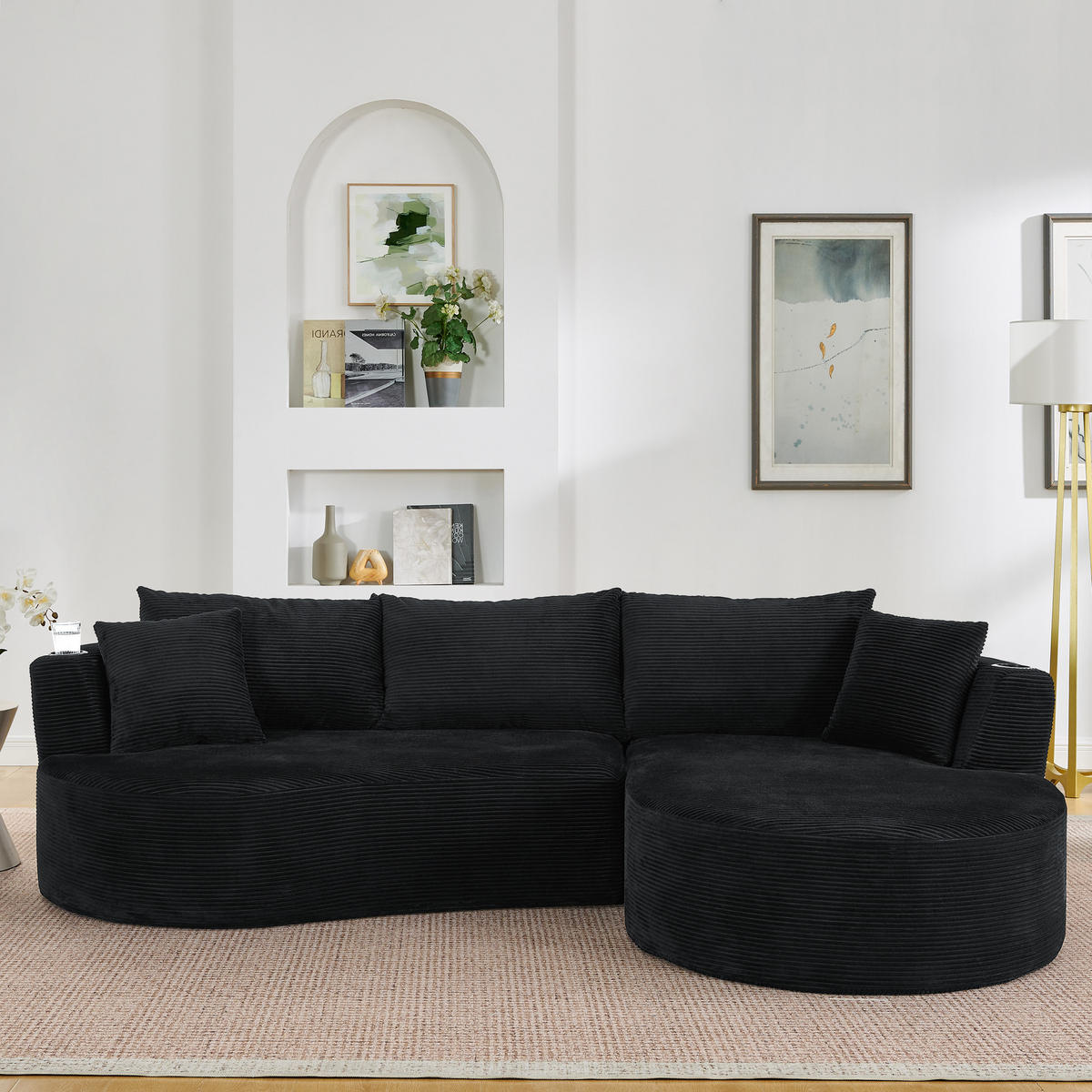 3-SITZER ECKSOFA Cord Schwarz mit Getränkehaltern und Kissen - Schwarz, Textil (264/168cm) - WISHDOR