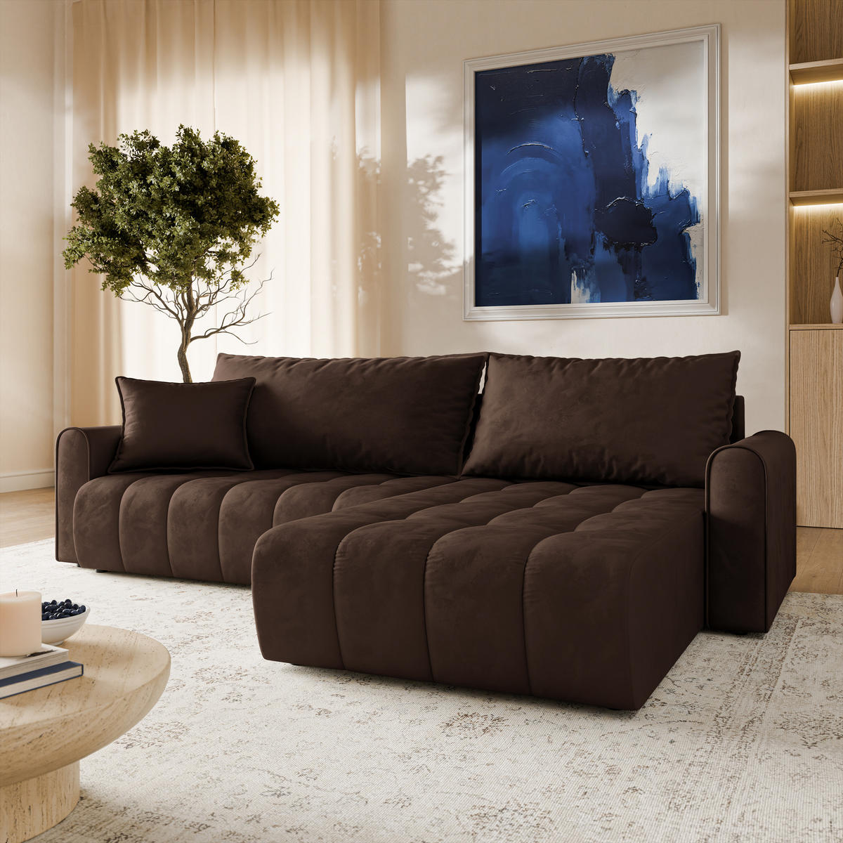 ECKSOFA FRIGA Braun Velours-Stoff mit Schlaffunktion - Braun, Holz (283/185cm) - MASSENO