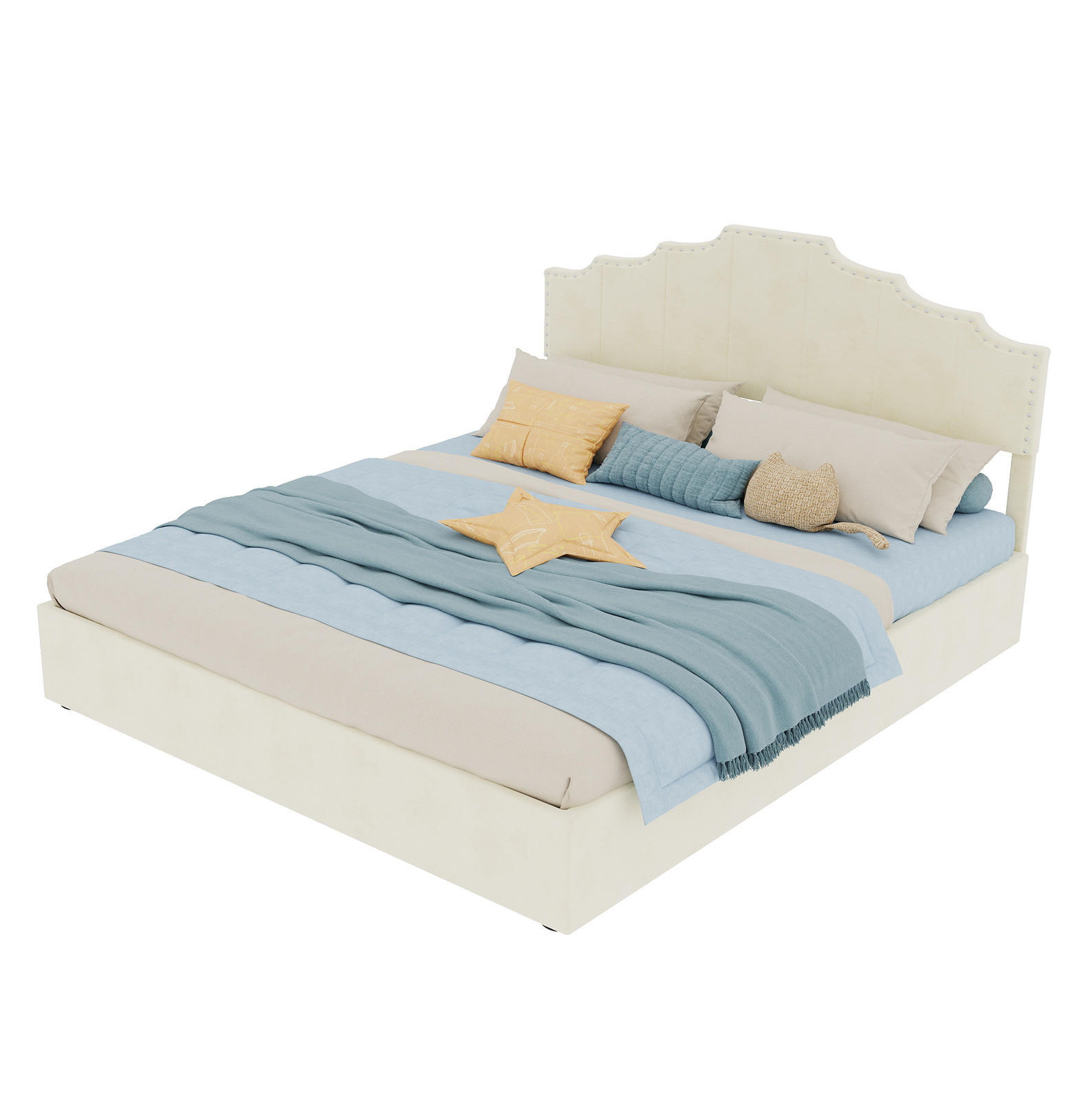 POLSTERBETT 160/200 cm mit Matratze, hydraulischem Bettkasten und geometrischem Kopfteil, Beige - Beige, Textil (160/200cm) - Redom
