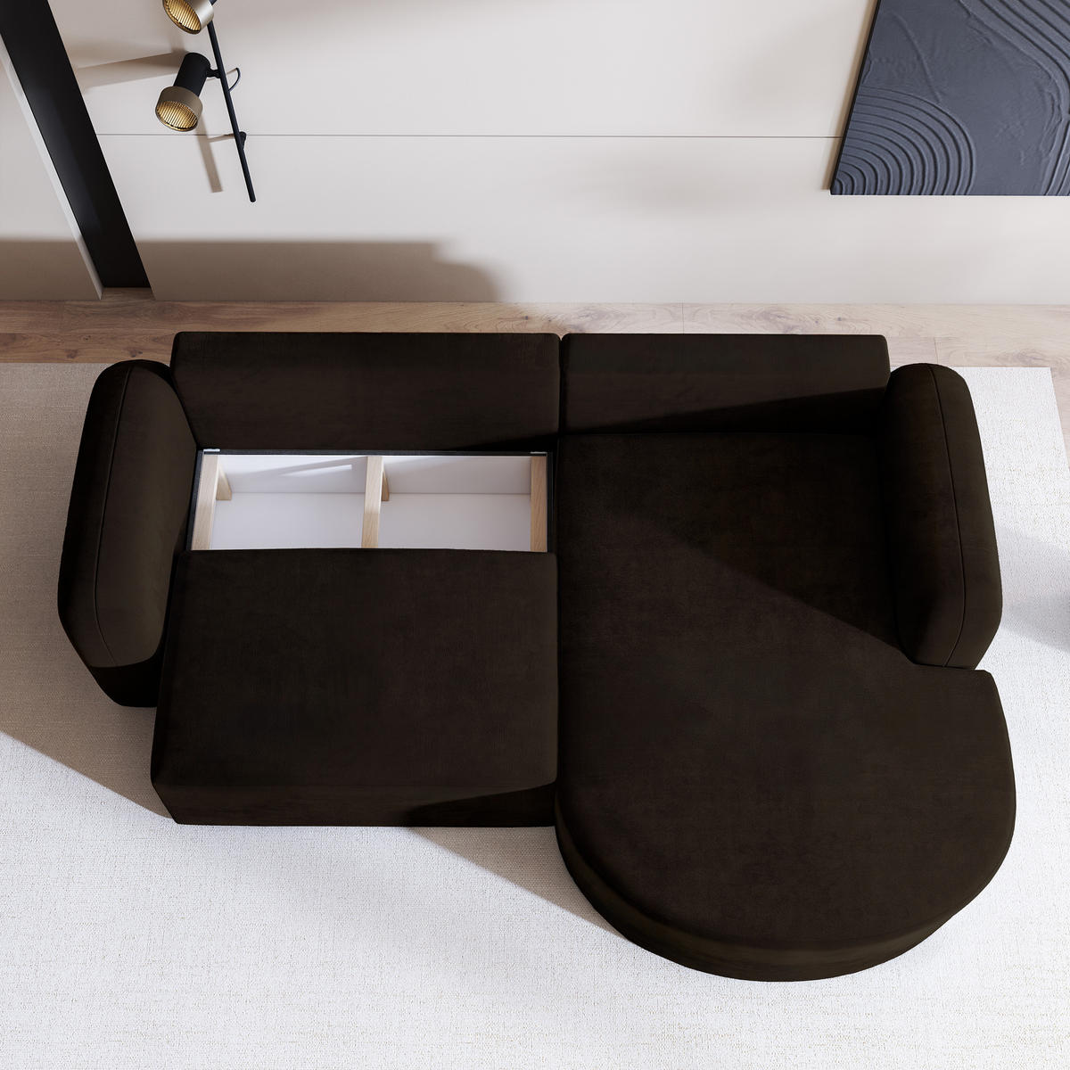 ECKSOFA AMILIA M R-S Braun Velours-Stoff mit Schlaffunktion - Braun, Holz (263/174cm) - MASSENO