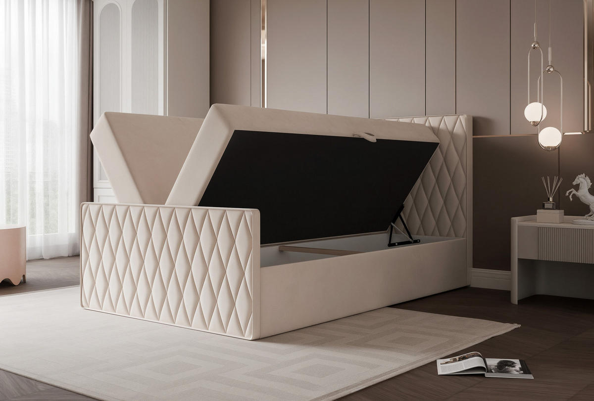 BOXBETT PONTI III 120x200 cm Cremeweiß (Samt) - mit 2 Bettkästen, Bonellmatratze und Rautensteppung - Creme, Holzwerkstoff/Textil (120/200cm) - Ravio