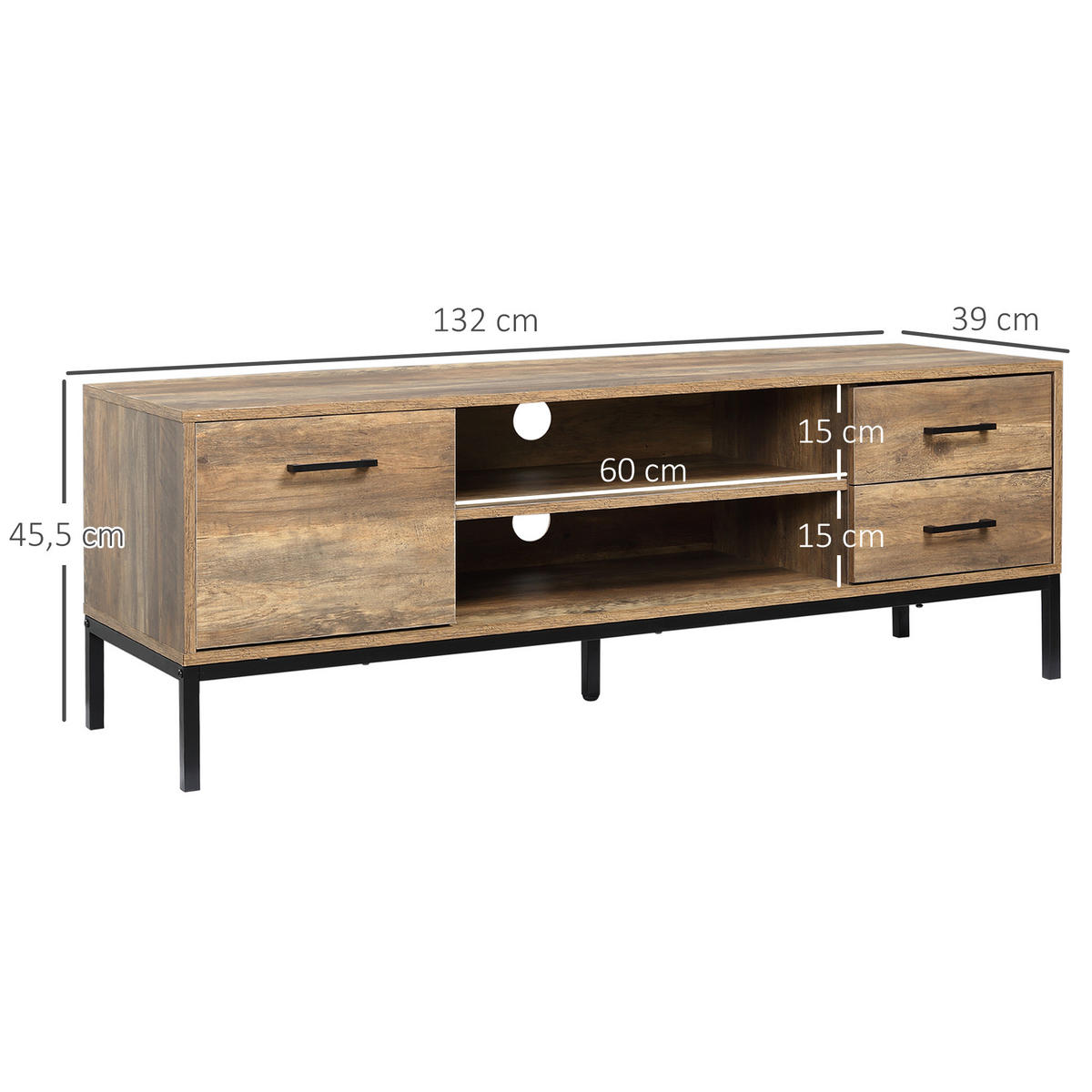TV-BANK Braun/Schwarz 132/39/45,5 cm, 2 Schubladen, 1 Tür, Metallgestell - Braun, Holzwerkstoff (132/45.5/39cm) - PANGIVO