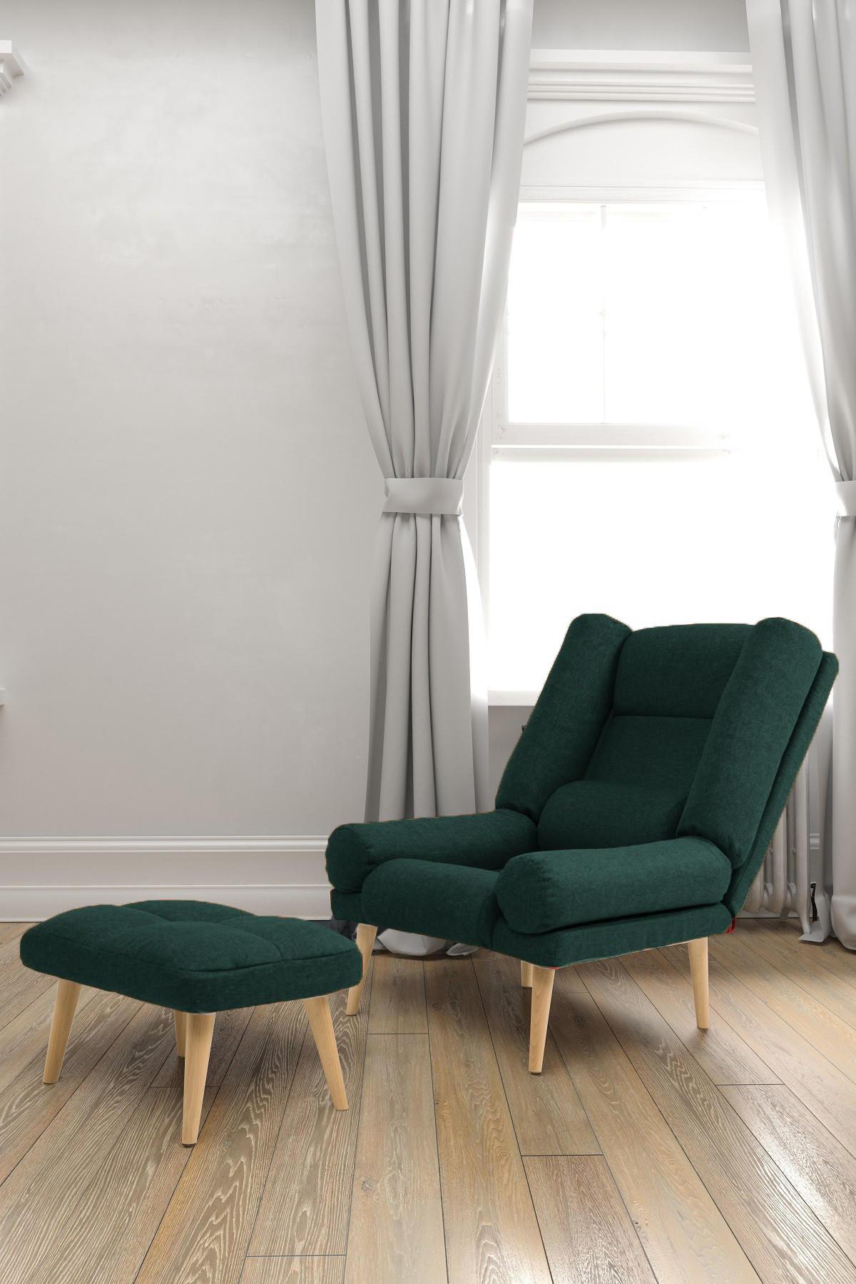 SESSEL Lola mit Fußhocker Rückenlehne 5-stufig einstellbar, waldgrün - Dunkelgrün/Grün, Holz/Kunststoff (75/100/60cm) - Margaret Hadas24