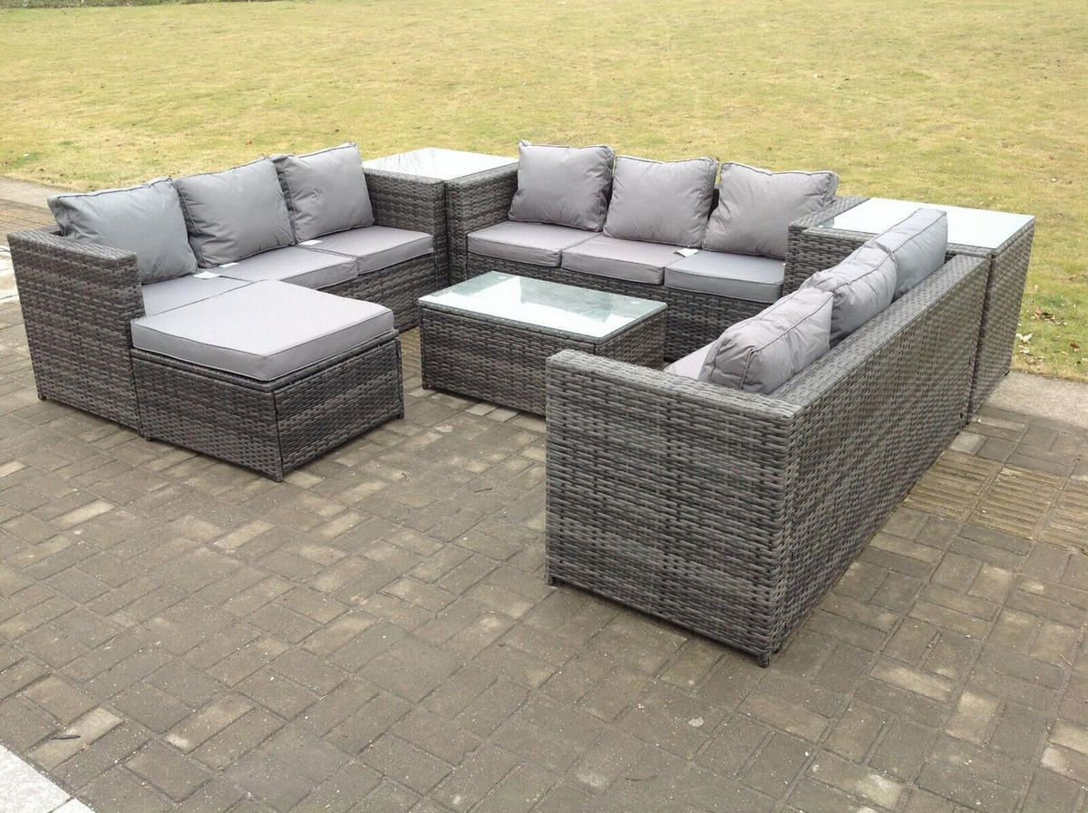 SITZGRUPPE Polyrattan 10-Sitzer - Dunkelgrau/Grau, Glas/Kunststoff - Fimous