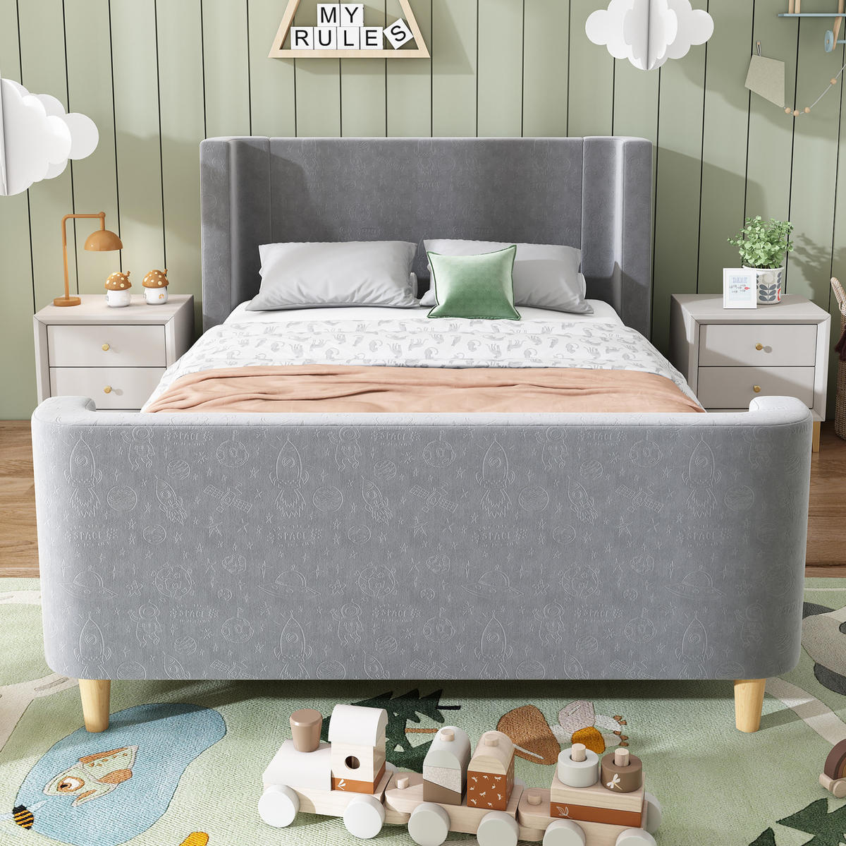 KINDERBETT 90/200 cm in Grau aus Samt mit Weltraummuster und Schlittenbett-Design - Grau, Textil (90/200cm) - Flora Grace