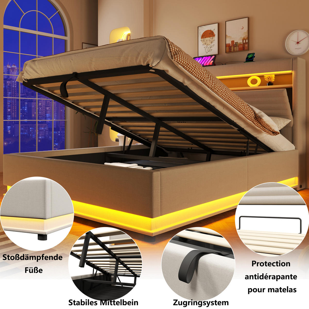 POLSTERBETT 140/200 cm Beige mit USB-Typ-C-Anschluss, LED-Beleuchtung und Ablagefach - Beige, Textil (140/200cm) - Oxeza