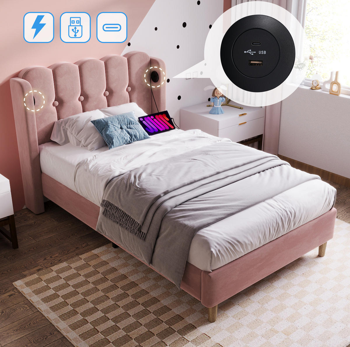POLSTERBETT 90/200 cm mit USB- und Typ-C-Anschluss, Lattenrost und Matratze, Samtbezug mit Paneel-Kopfteil, Rosa - Rosa, Textil (90/200cm) - Redom