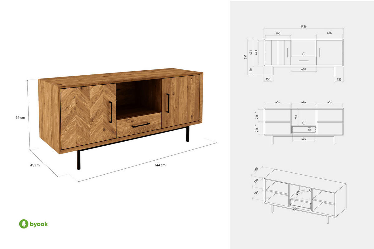 KOMMODE BREIT LEON Wildeiche - Wildeiche, Holz (144/65/45cm) - byoak