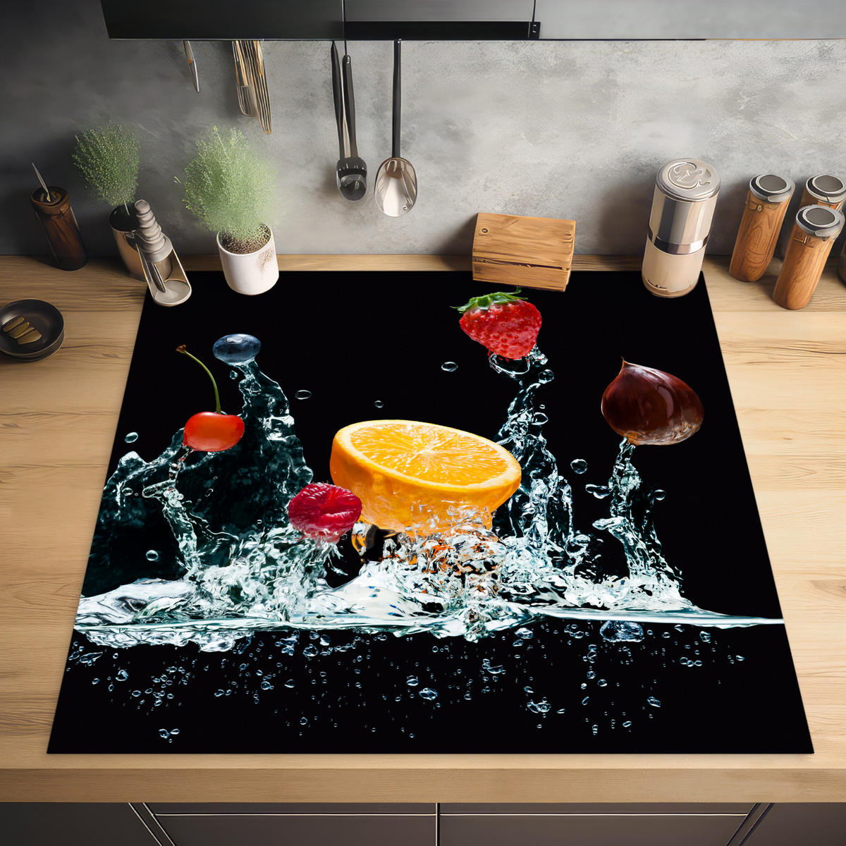 HERABDECKPLATTE - Wasser - Obst - Orange - Erdbeere - Kirsche - Schwarz - 58x59 - Orange, Kunststoff (58/59/0.2cm) - MuchoWow