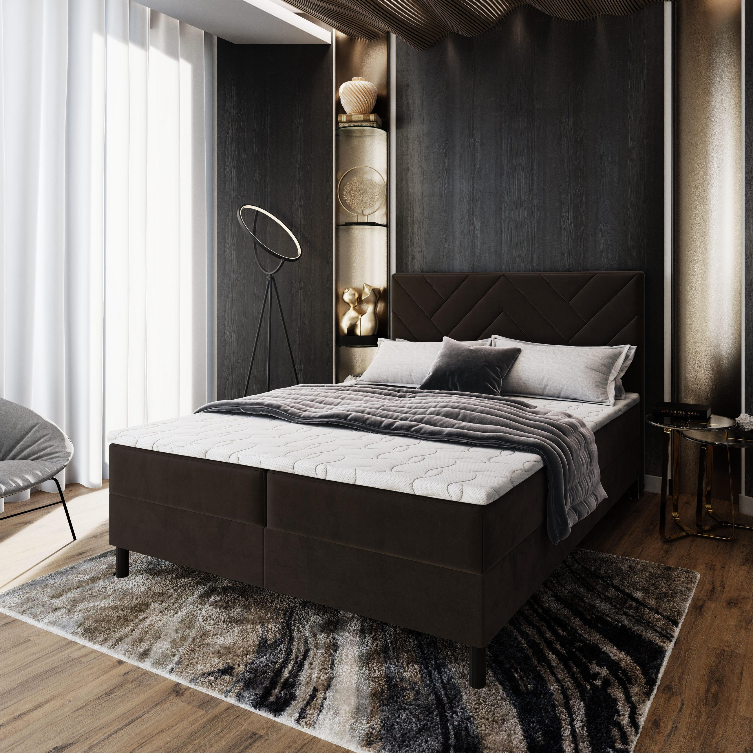 BOXBETT ROKIS 160x200 cm mit Matratze und Topper - Braun - Braun, Holz (160/200cm) - MASSENO