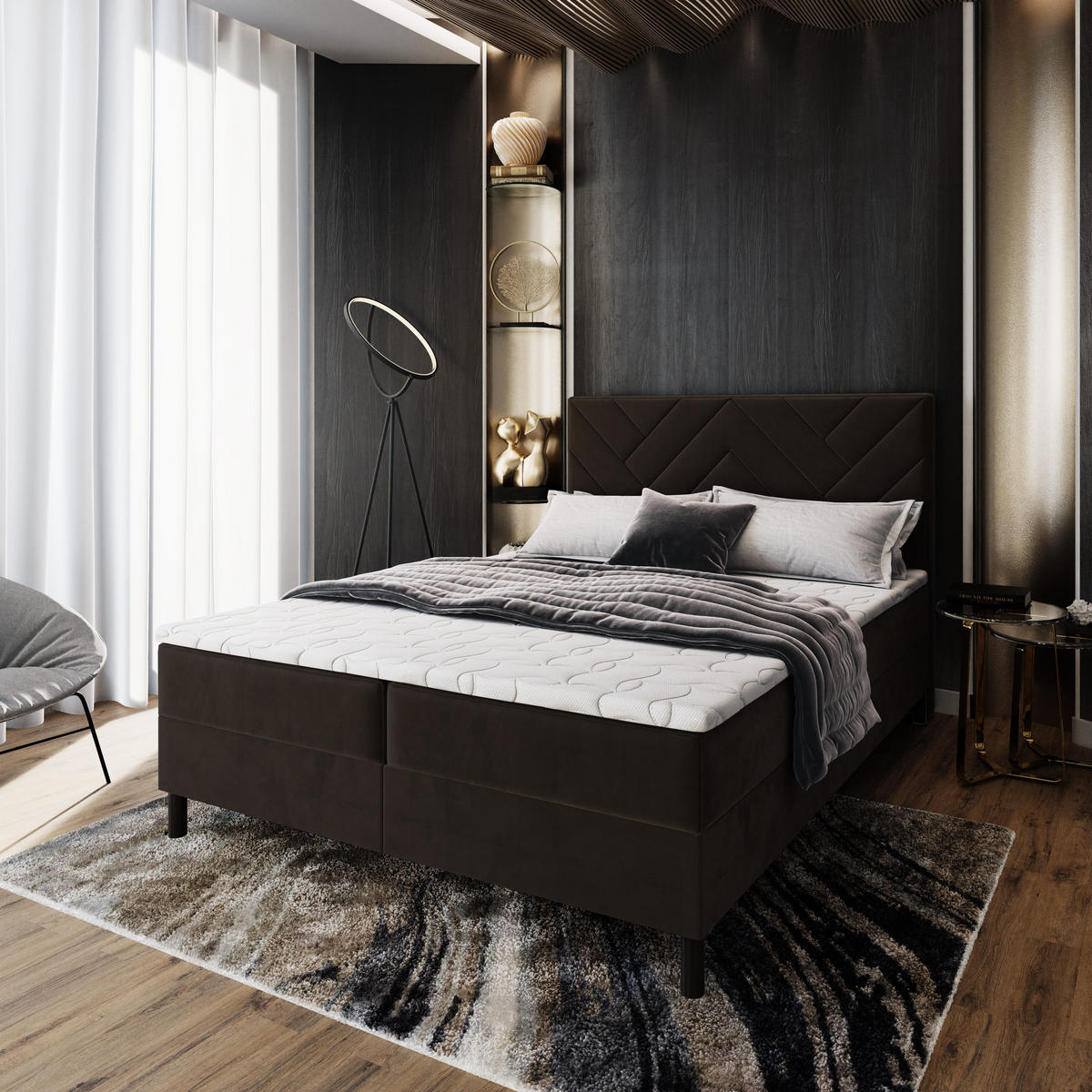 BOXBETT ROKIS 160x200 cm mit Matratze und Topper - Braun - Braun, Holz (160/200cm) - MASSENO