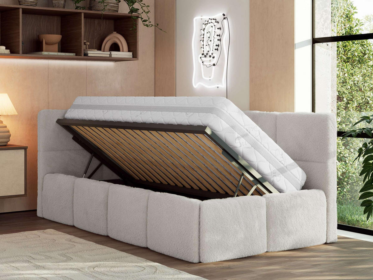 JUGENDBETT ARVO 90/200 - Hellgrau Plüsch - Pocket-Matratze - Links Seite - Hellgrau, Textil (90/200cm) - MKS