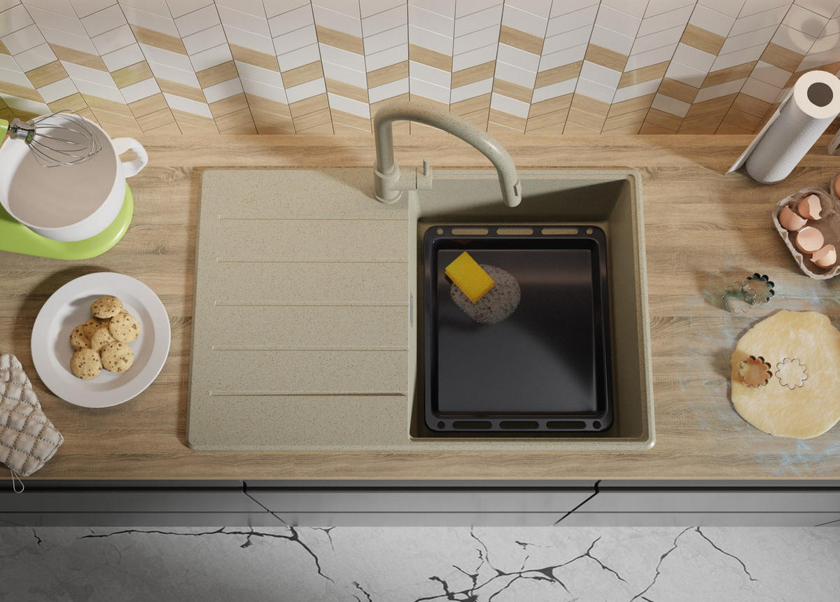 SPÜLBECKEN Kopenhagen, 2-er set Beige 78/50 cm 1 Becken + Ablauf-Set + Schneidebrett ab 50er Unterschrank - Chromfarben/Beige, Kunststoff (78/20/50cm) - Primagran