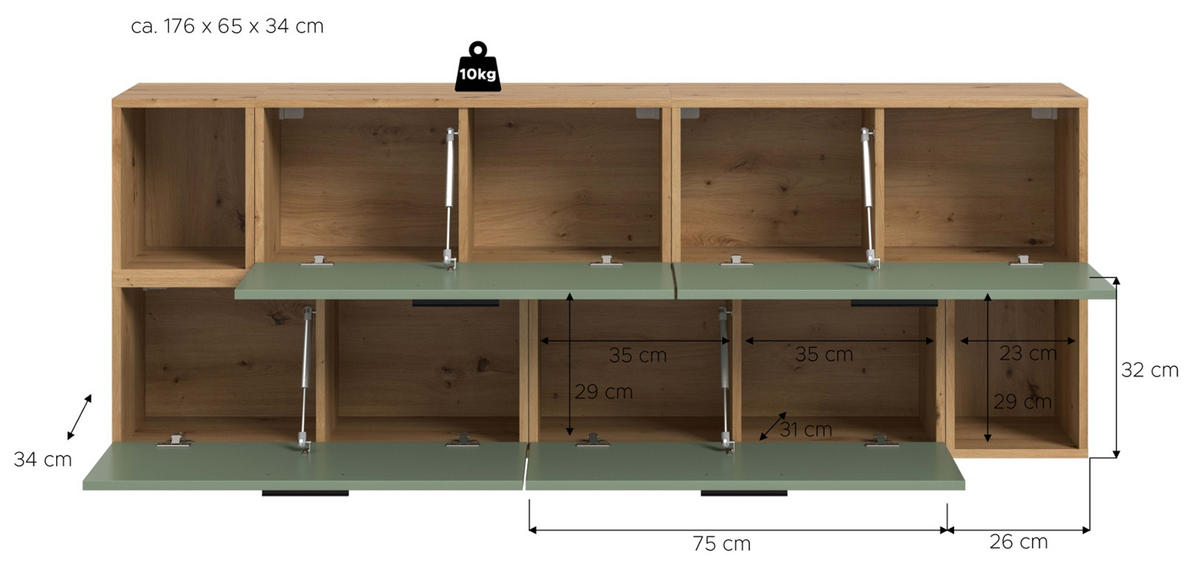 SIDEBOARD grün, Eiche Artisan 176 cm, Kommode hängend / stehend - Schwarz/Eiche Artisan, Holzwerkstoff/Kunststoff (176/65/34cm) - Inn.Furn