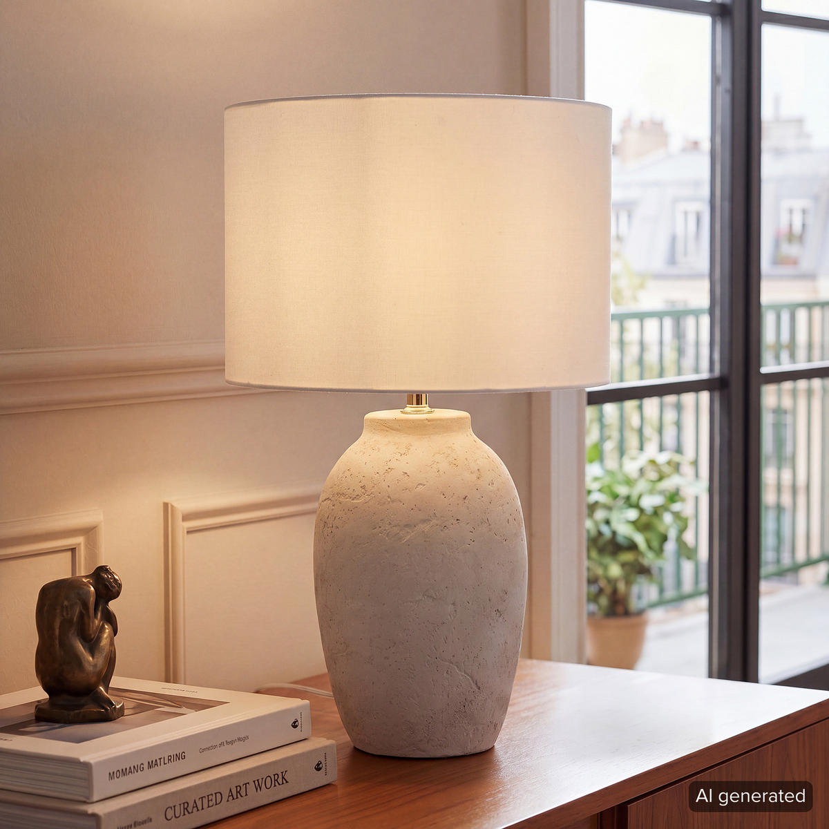 TISCHLEUCHTE - Leinenstoff / Beton - 1-flammig - Weiß, Textil/Stein (32/32/50cm) - home24