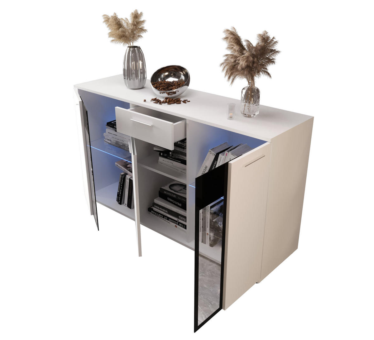 KOMMODE London LSK mit 3 Türen, Sideboard in Farbe: Weiß, Größe: 140 x 80 x 40 cm - Weiß, Holzwerkstoff (140/80/40cm) - O-Sofa