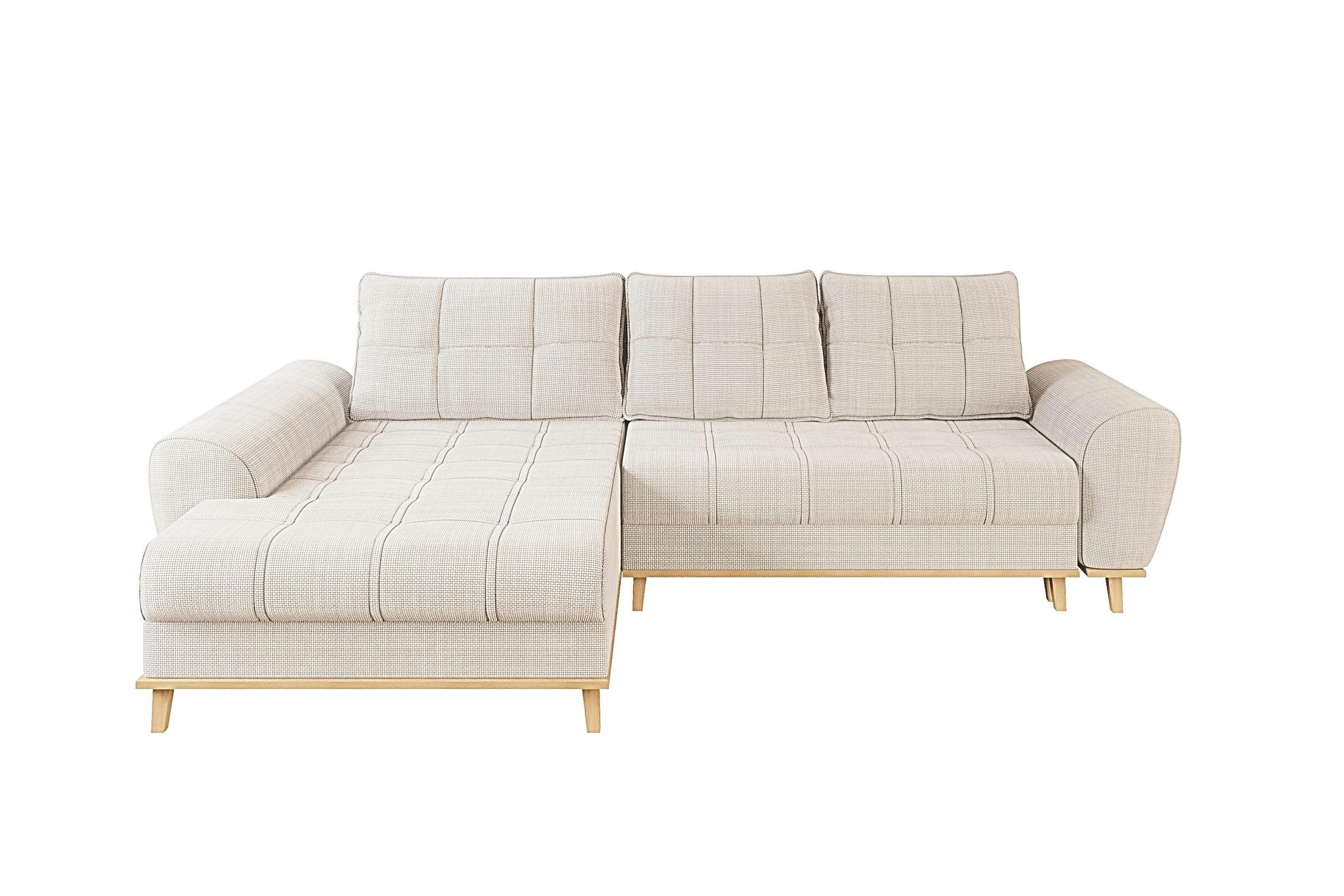 ECKSOFA im Scandi-Stil, Schlaffunktion, Bettkasten B268/T175/H86 cm, Ottomane links, Liegefl. 128x209 cm, Bouclé Chenille Stoff in Beige / 21014 - Eichefarben/Beige, Holz/Textil (268/175cm) - luma-home