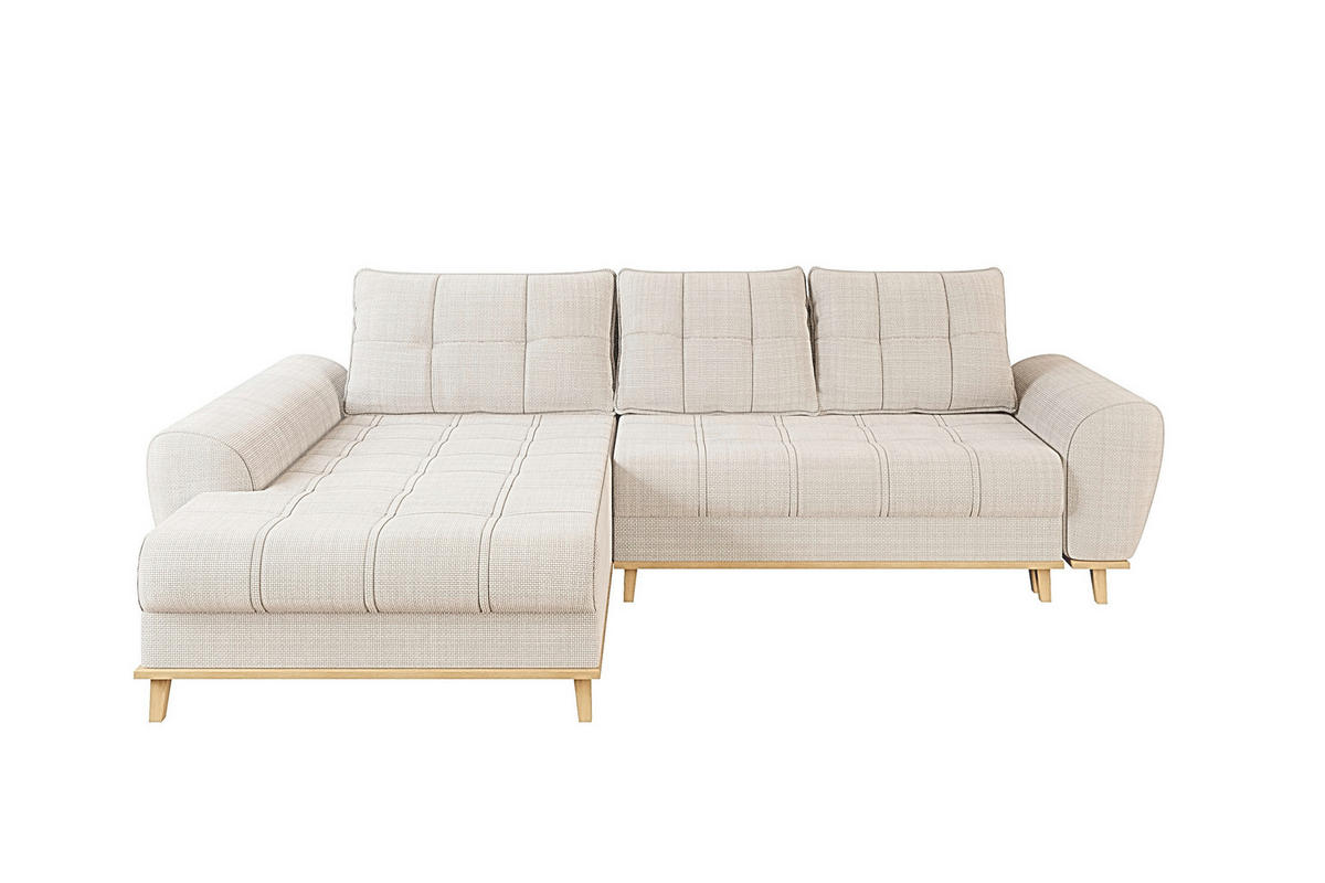 ECKSOFA im Scandi-Stil, Schlaffunktion, Bettkasten B268/T175/H86 cm, Ottomane links, Liegefl. 128x209 cm, Bouclé Chenille Stoff in Beige / 21014 - Eichefarben/Beige, Holz/Textil (268/175cm) - luma-home