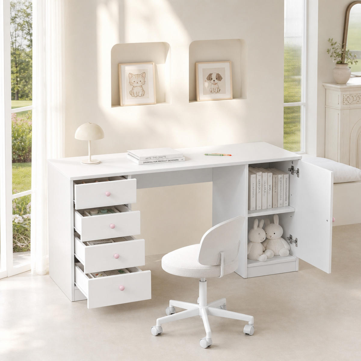 RADNI STOL 155/45/75 cm s 4 ladice, policom i keramičkim ručkama u bijeloj boji - bijela/prirodne boje, drvni materijal (155/75/45cm) - CHICFURN