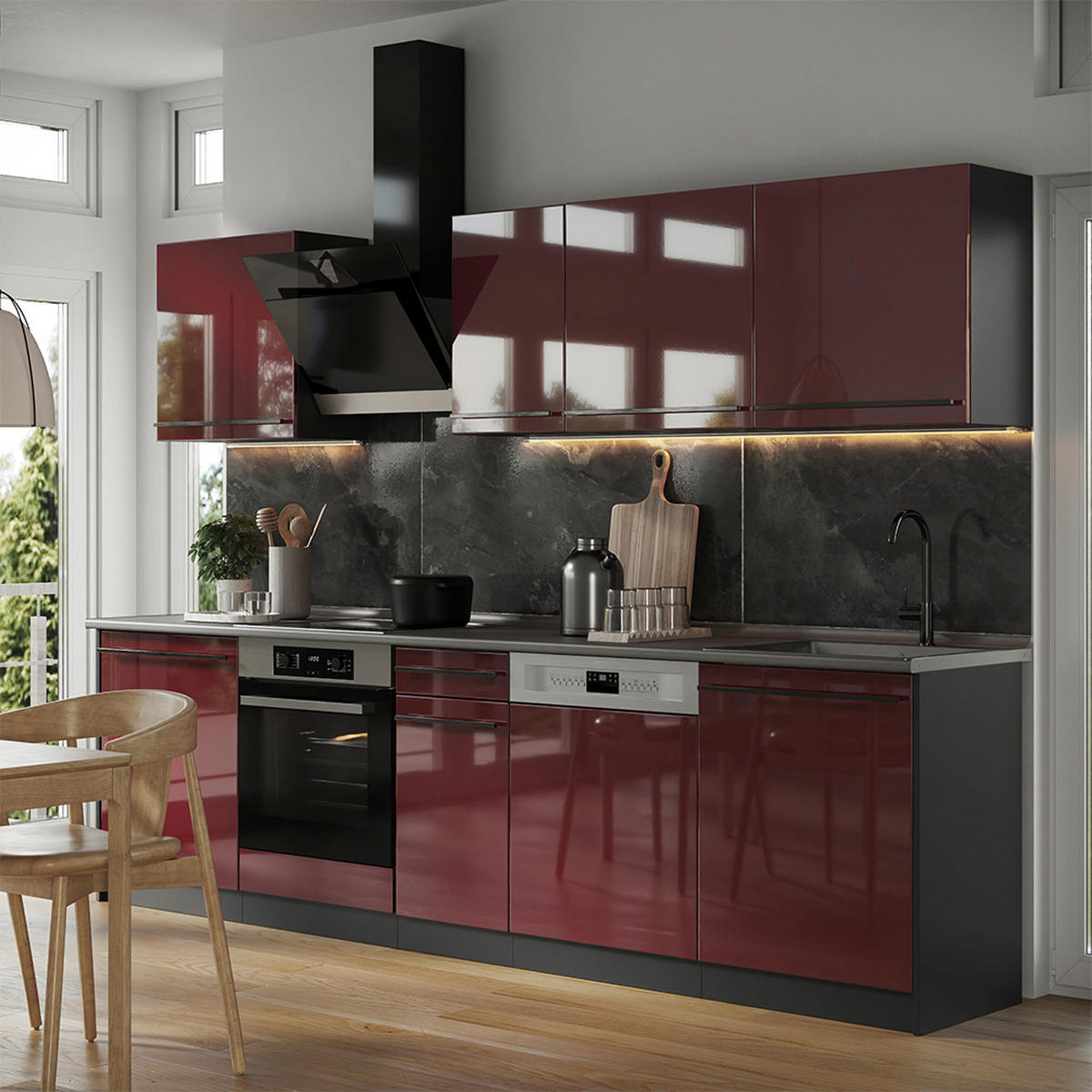 KÜCHENZEILE R-Line, Rot Hochglanz/Anthrazit, 280 cm ohne Arbeitsplatte - Anthrazit/Rot, Holzwerkstoff (280/206.8/46cm) - Vicco