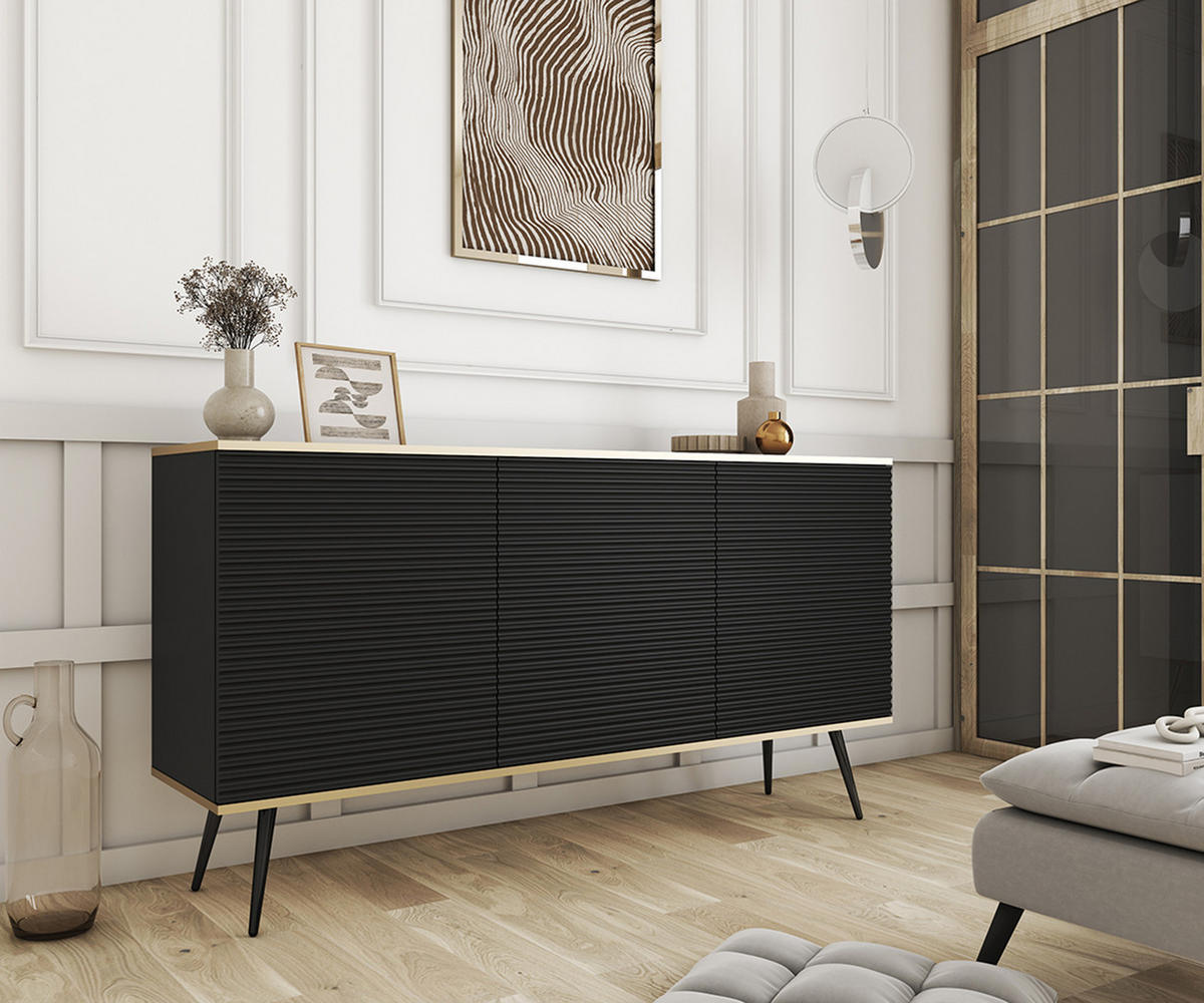 SIDEBOARD: schwarz mit schwarzen Beinen, 160 x 85 x 39 - Schwarz, Holzwerkstoff (160/85/39cm) - 3XE LIVING