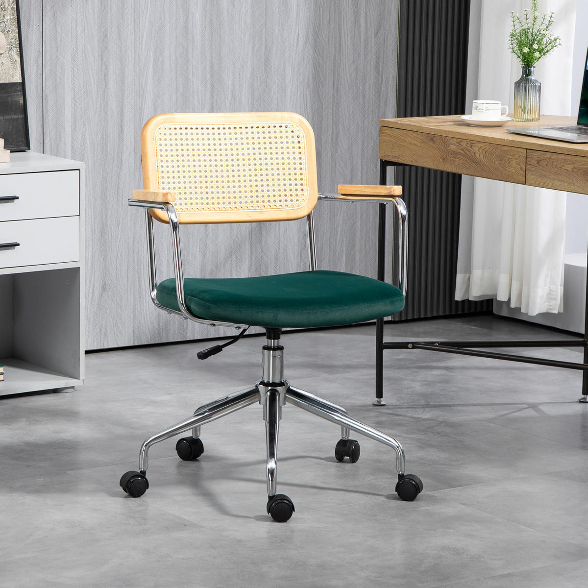 BÜROSTUHL, Boho-Design, Holzarmlehnen, drehbar, verstellbar, bis 120 kg, Stahl, Grün - Grün, Textil (58/94/65cm)