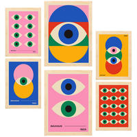 POSTER Set Mit 6 Geometrische Bauhaus Lebendige Farben & Augen A3 & A4 Rahmen Aus Hellem Holz - Beige, Papier (29/3cm) - Nacnic