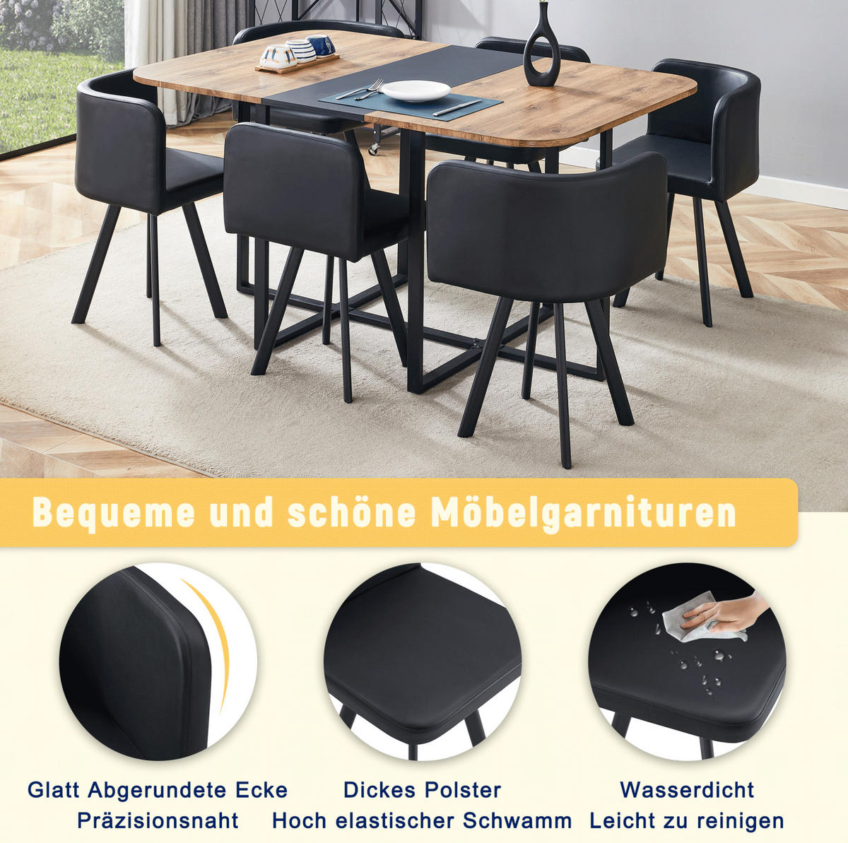 ESSTISCH-SET ausziehbar für 4-6 Personen MDF/Metall Schwarz/Natur 3-tlg. - Schwarz, Metall (100/79/150cm) - Meubliv