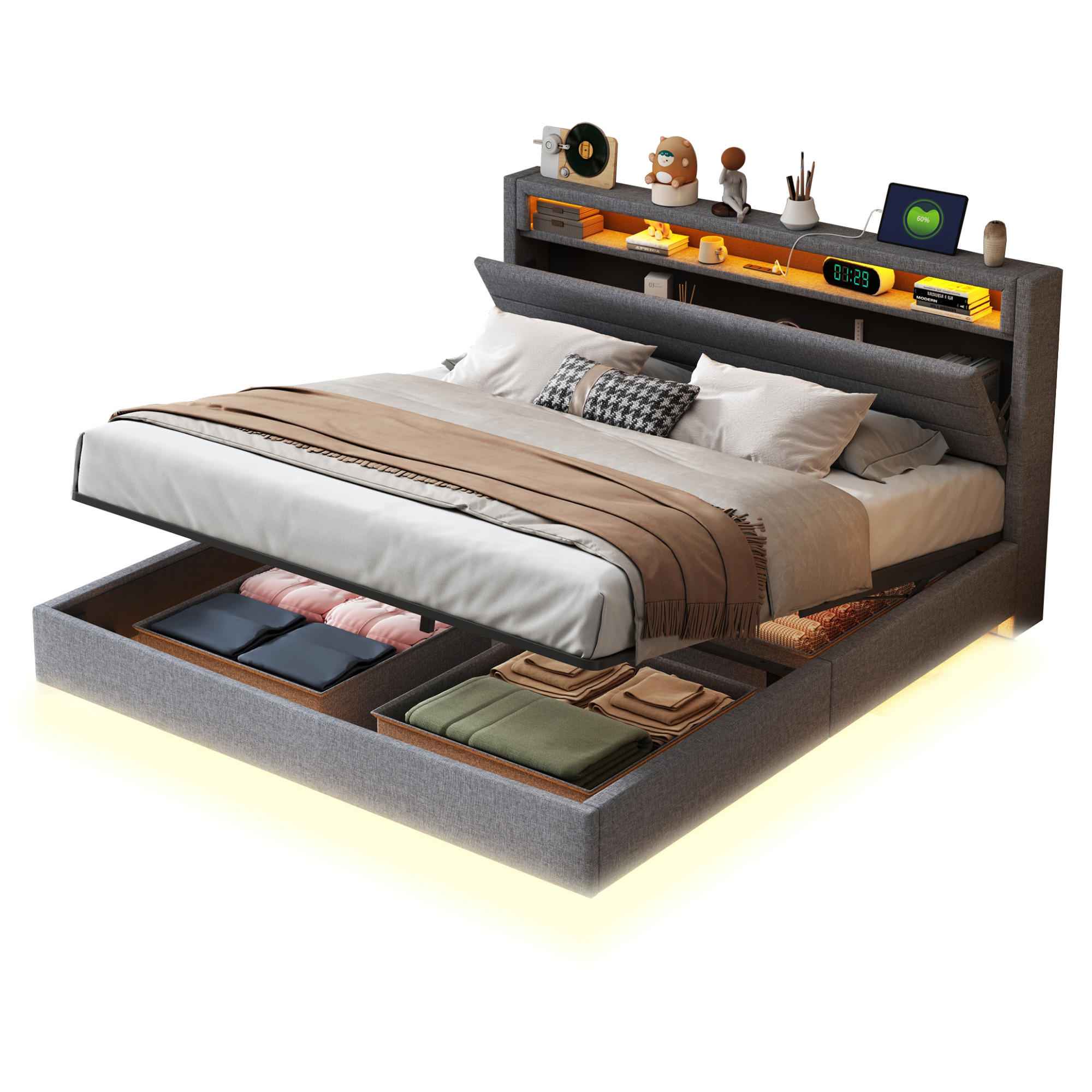 POLSTERBETT 160/200 cm mit Stauraum und LED-Beleuchtung aus Leinen grau - Grau, Textil (160/200cm) - OKWISH