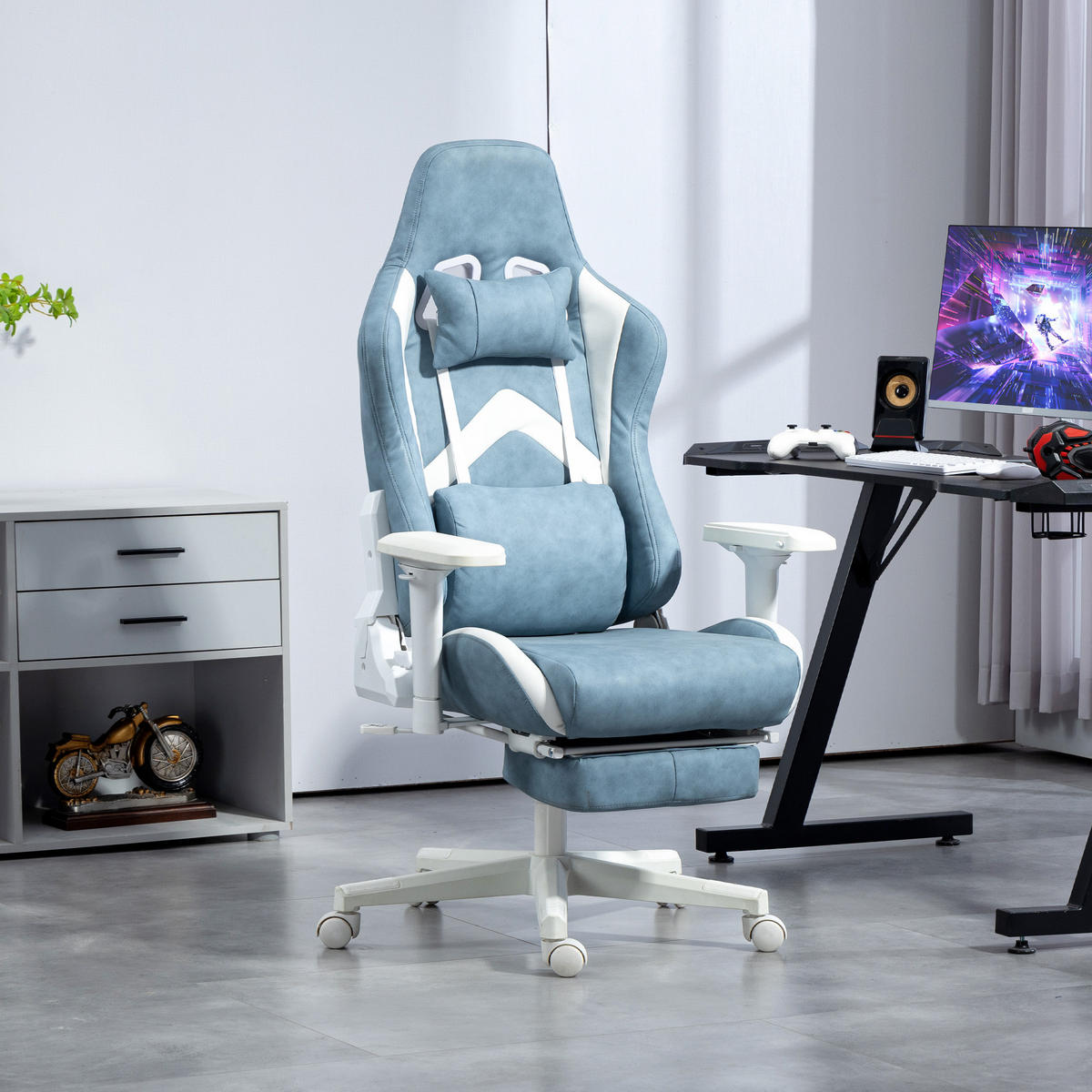 GAMINGSTUHL mit Liegefunktion, höhenverstellbar Schreibtischstuhl bis 120 kg - Blau, Kunststoff (73/129/74cm) - HOMCOM