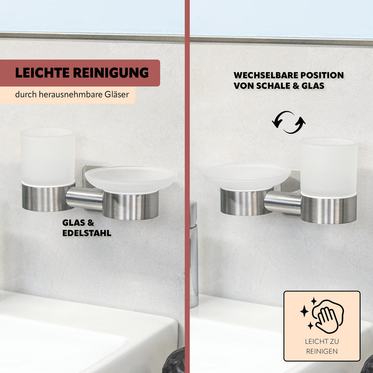 WANDHALTER PIAZZA TAPE mit Zahnputzbecher und Seifenschale, aus Glas und Edelstahl - Edelstahlfarben, Metall (20/10/13cm) - bremermann
