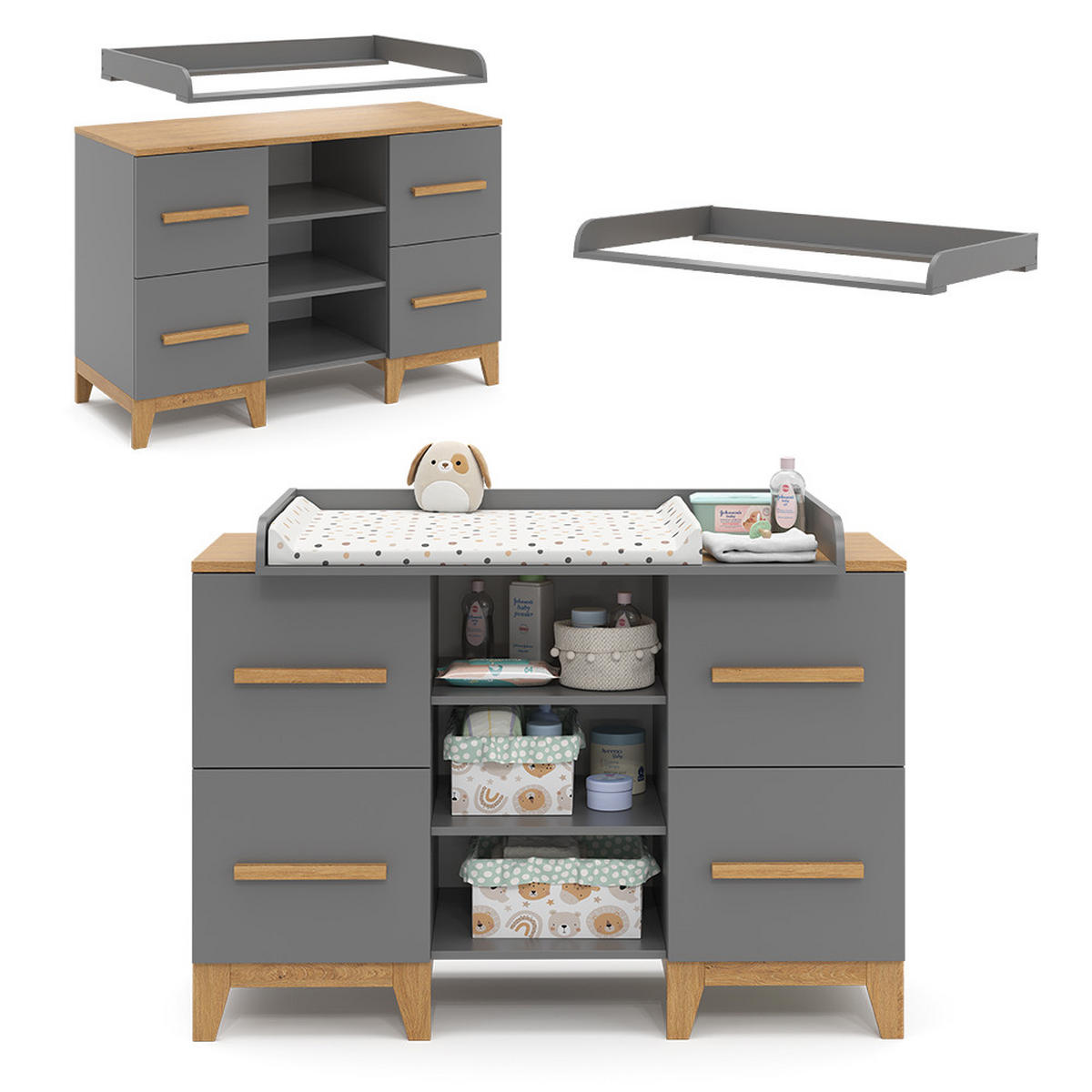 WICKELKOMMODE Malia Grau 133 x 98 cm XL mit 4 Schubladen - Eichefarben/Grau, Holzwerkstoff (133/108/70cm) - VitaliSpa