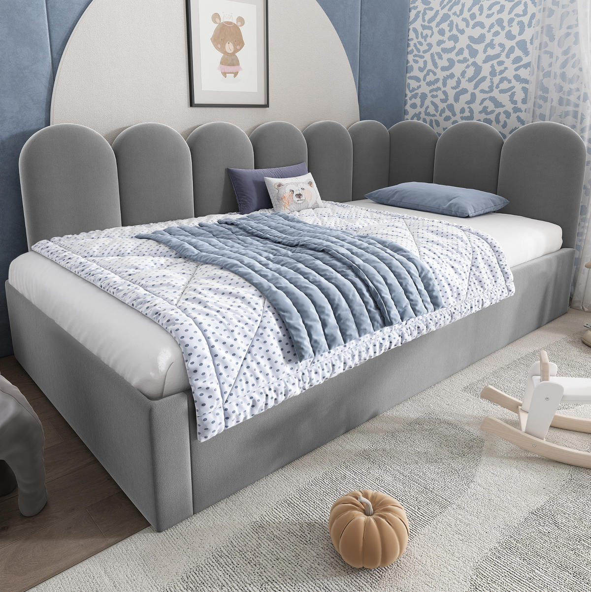 KINDERBETT Polsterbett 90/200 cm aus Samt mit ausziehbarem Gästebett Grau - Grau, Textil (90/200cm) - Modenvie
